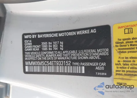 2014 Mini Hardtop Cooper z USA, uszkodzony, nr VIN WMWXM5C54ET933152